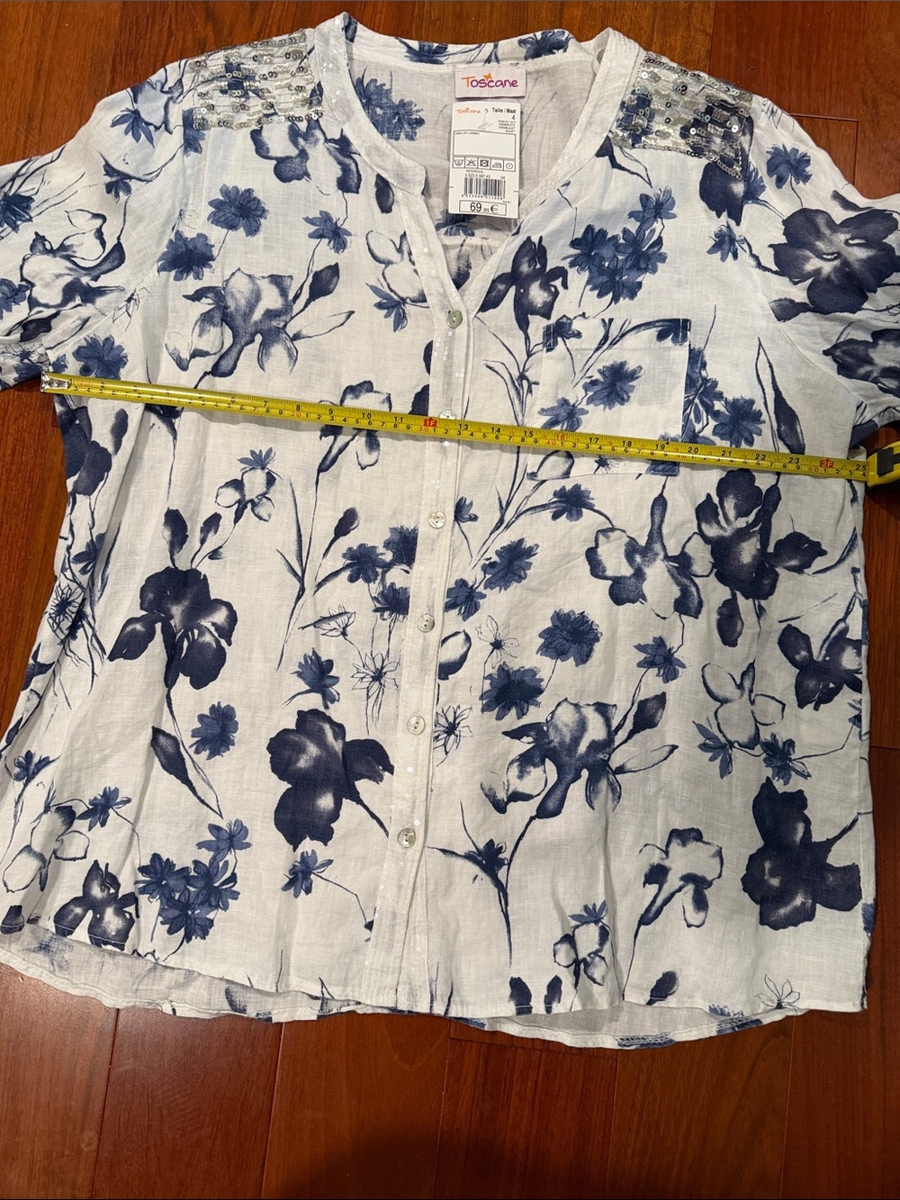 Toscane White Linen Button-Up Blouse with Navy Floral Print 100% Linen - Picture 6 of 7